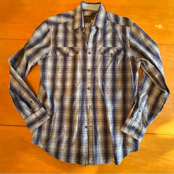 Pronto Uomo Blue M blue cream plaid western button-down shirt - Picture 1 of 9